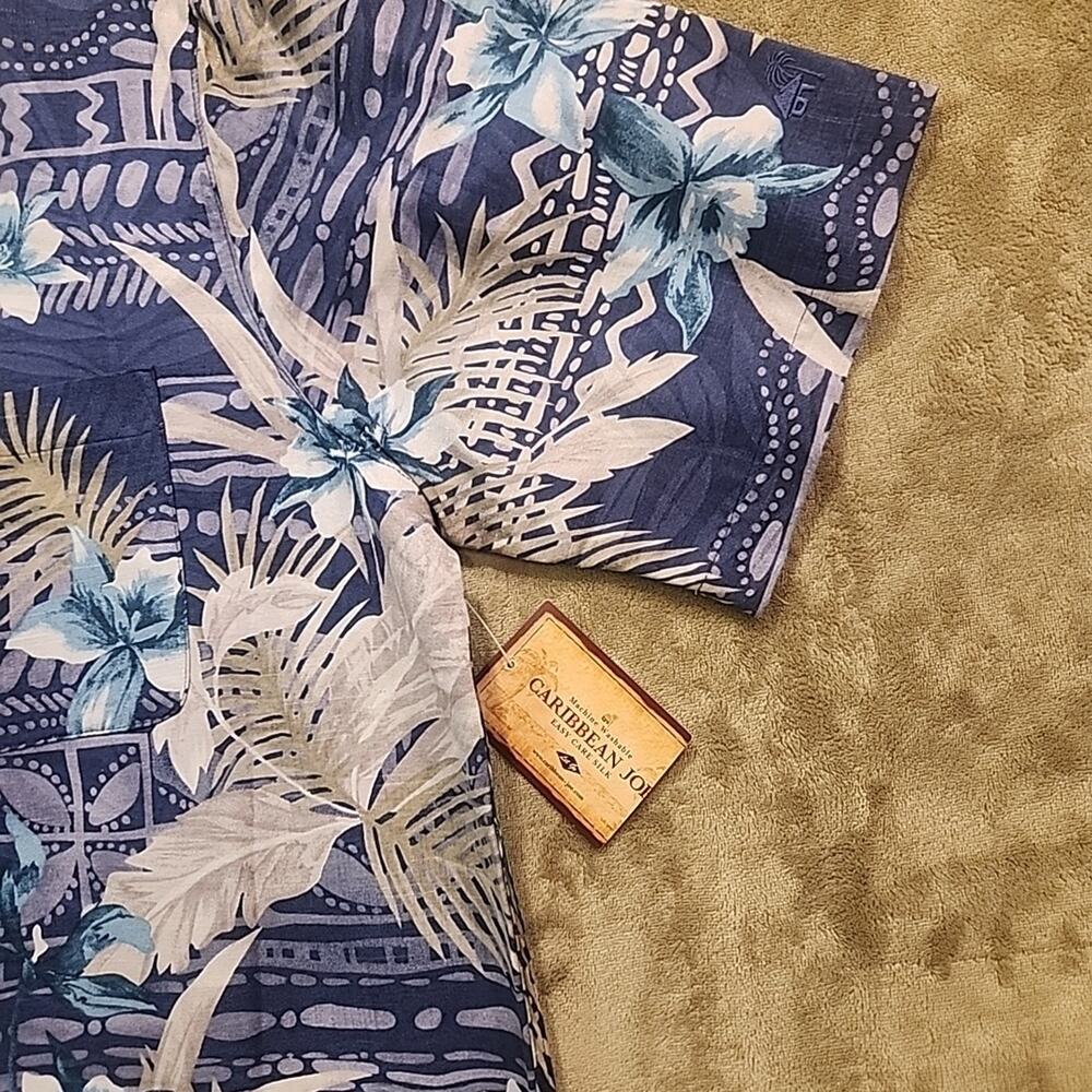 Caribbean Joe Mens 100% Silk Blue Tropical Short Sleeve Button-up Shirt L Hawaii - Picture 4 of 10